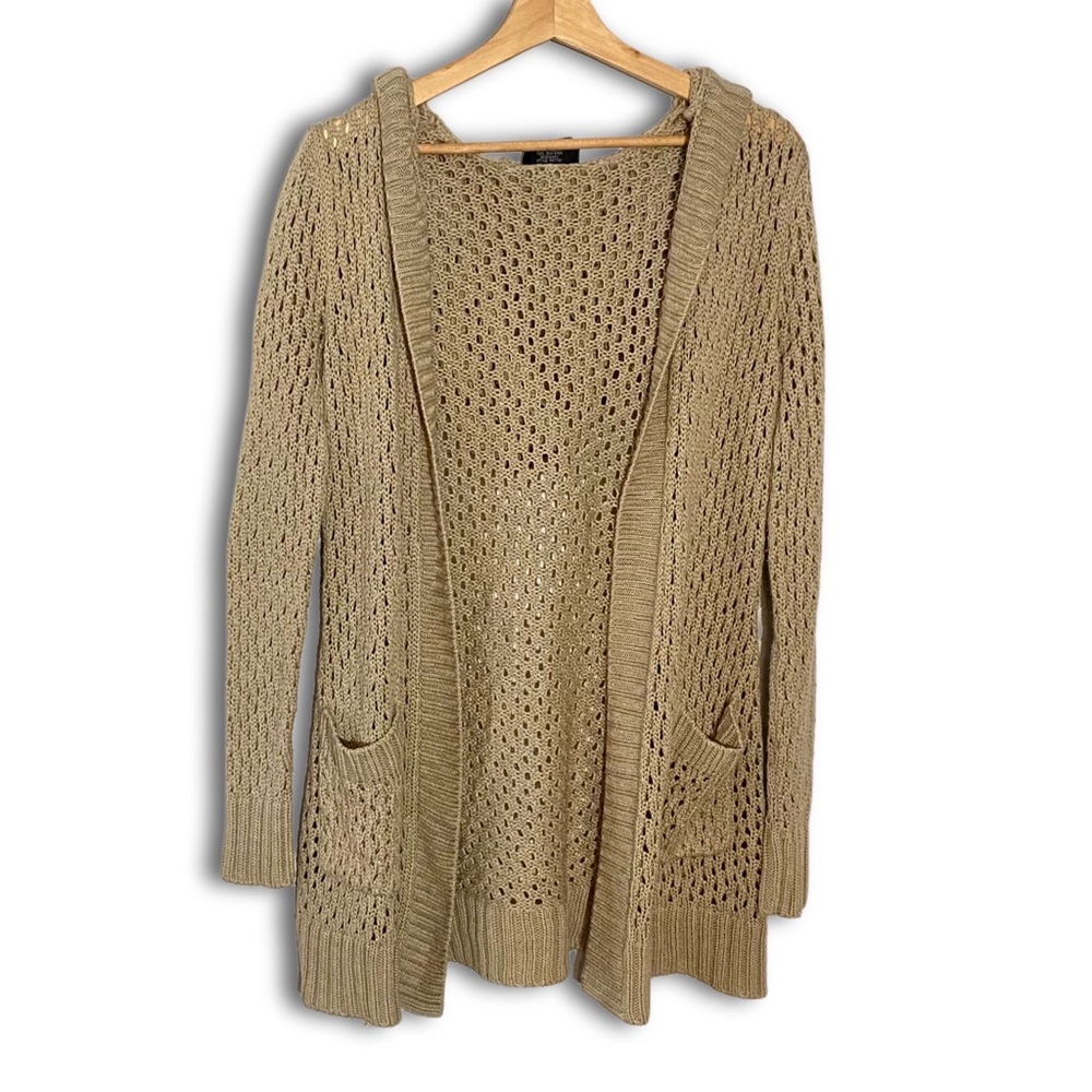 It's Our Time Tan Open-Knit Hooded Cardigan Sweater